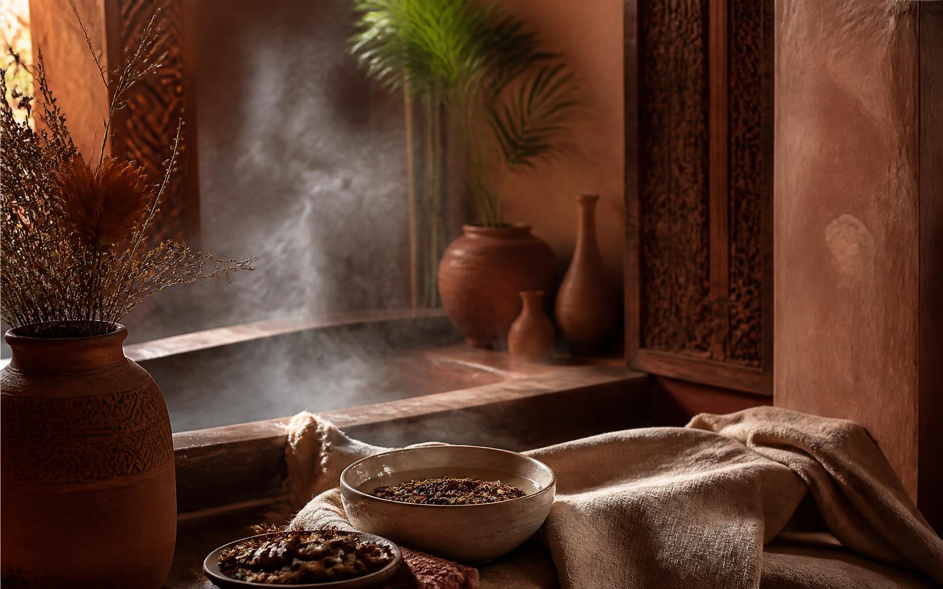 Steam rising over herbs and warm terracotta sanctuary interior